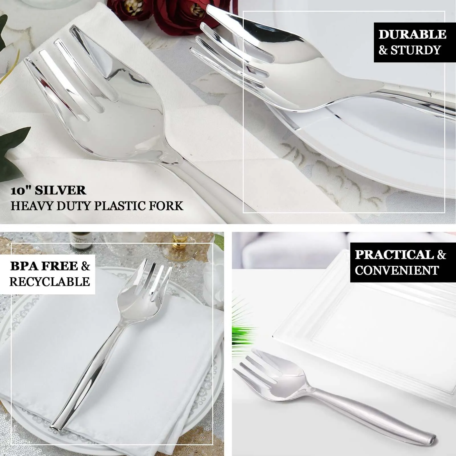 10" Silver Large Serving Forks, Heavy Duty Plastic Serving Forks