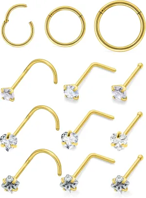 14K Gold Filled 20G Nose Rings Hoops Piercing Jewelry for Women 316L Stainless Surgical Steel Round Square Heart Diamond CZ Nose Rings Studs Nostril Piercing Jewelry for Women Men Silver Gold