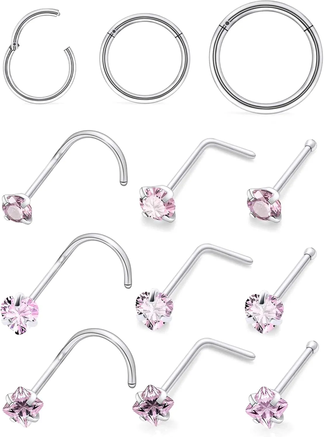 14K Gold Filled 20G Nose Rings Hoops Piercing Jewelry for Women 316L Stainless Surgical Steel Round Square Heart Diamond CZ Nose Rings Studs Nostril Piercing Jewelry for Women Men Silver Gold