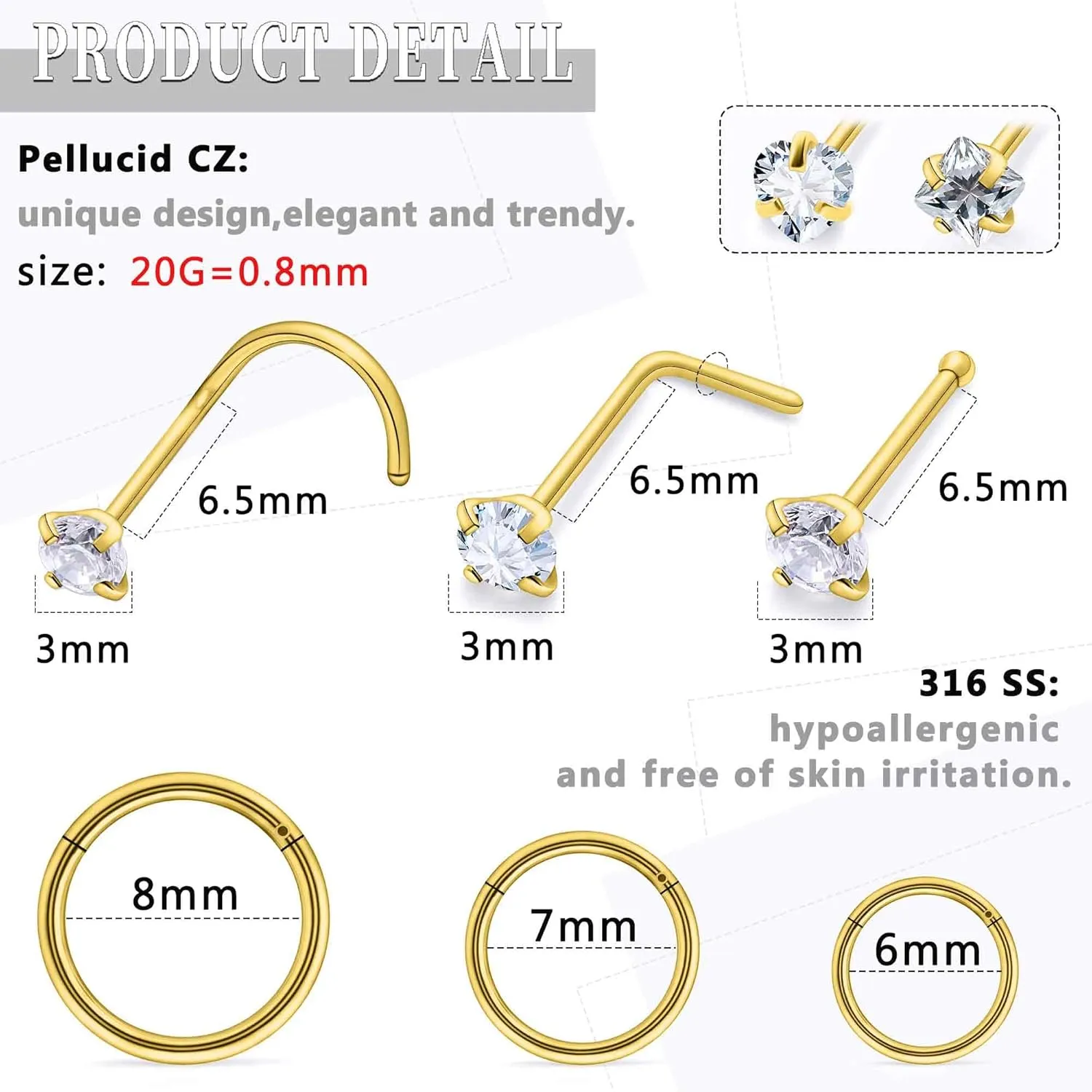 14K Gold Filled 20G Nose Rings Hoops Piercing Jewelry for Women 316L Stainless Surgical Steel Round Square Heart Diamond CZ Nose Rings Studs Nostril Piercing Jewelry for Women Men Silver Gold