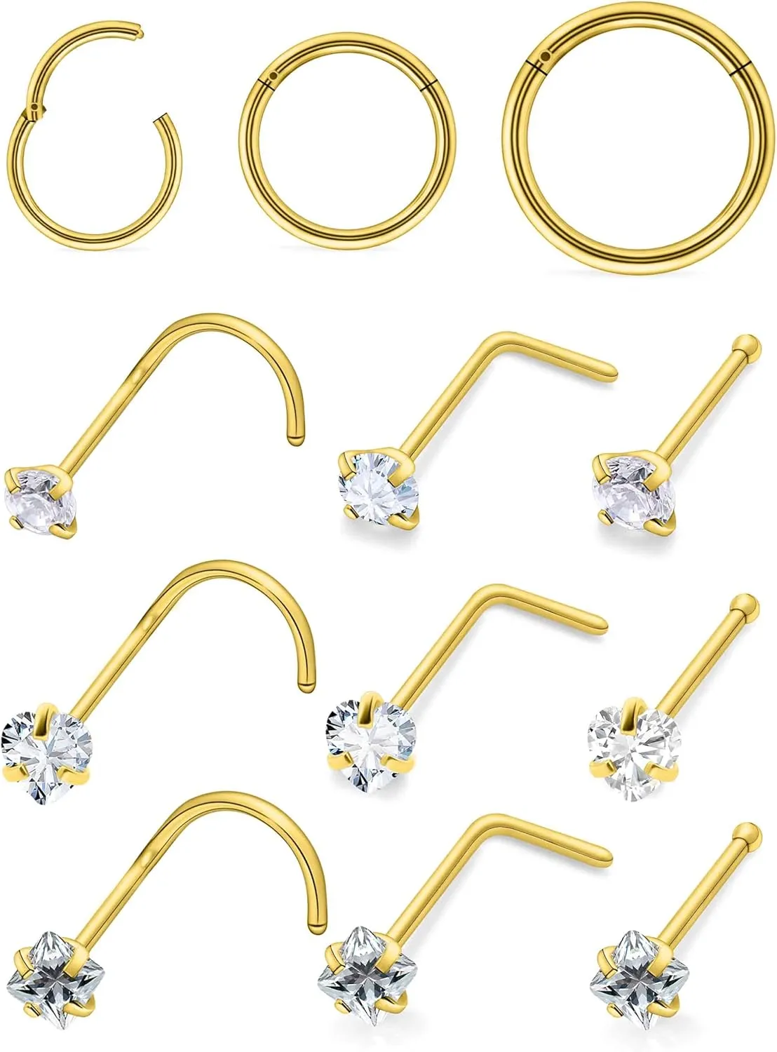 14K Gold Filled 20G Nose Rings Hoops Piercing Jewelry for Women 316L Stainless Surgical Steel Round Square Heart Diamond CZ Nose Rings Studs Nostril Piercing Jewelry for Women Men Silver Gold