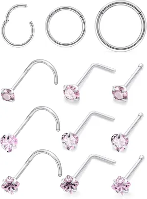 14K Gold Filled 20G Nose Rings Hoops Piercing Jewelry for Women 316L Stainless Surgical Steel Round Square Heart Diamond CZ Nose Rings Studs Nostril Piercing Jewelry for Women Men Silver Gold