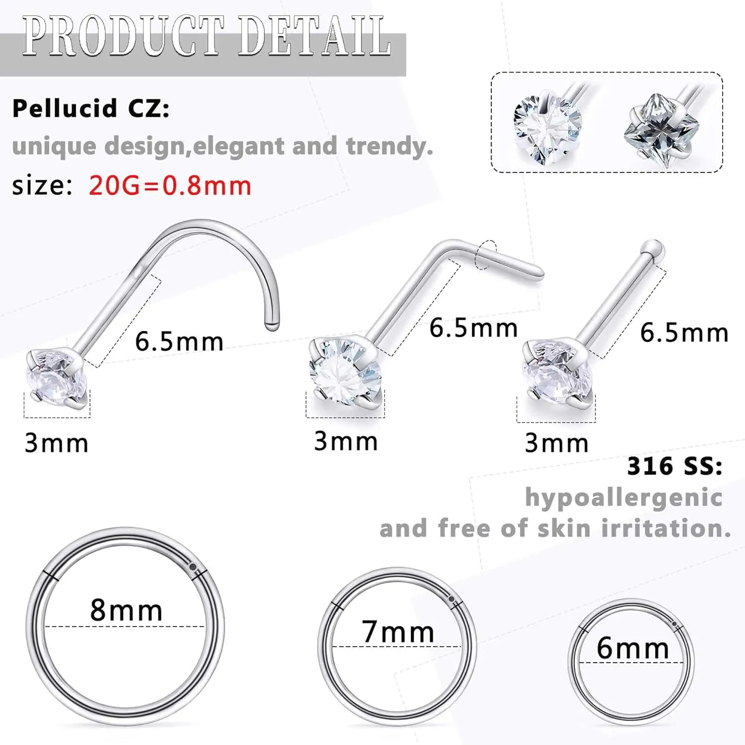 14K Gold Filled 20G Nose Rings Hoops Piercing Jewelry for Women 316L Stainless Surgical Steel Round Square Heart Diamond CZ Nose Rings Studs Nostril Piercing Jewelry for Women Men Silver Gold