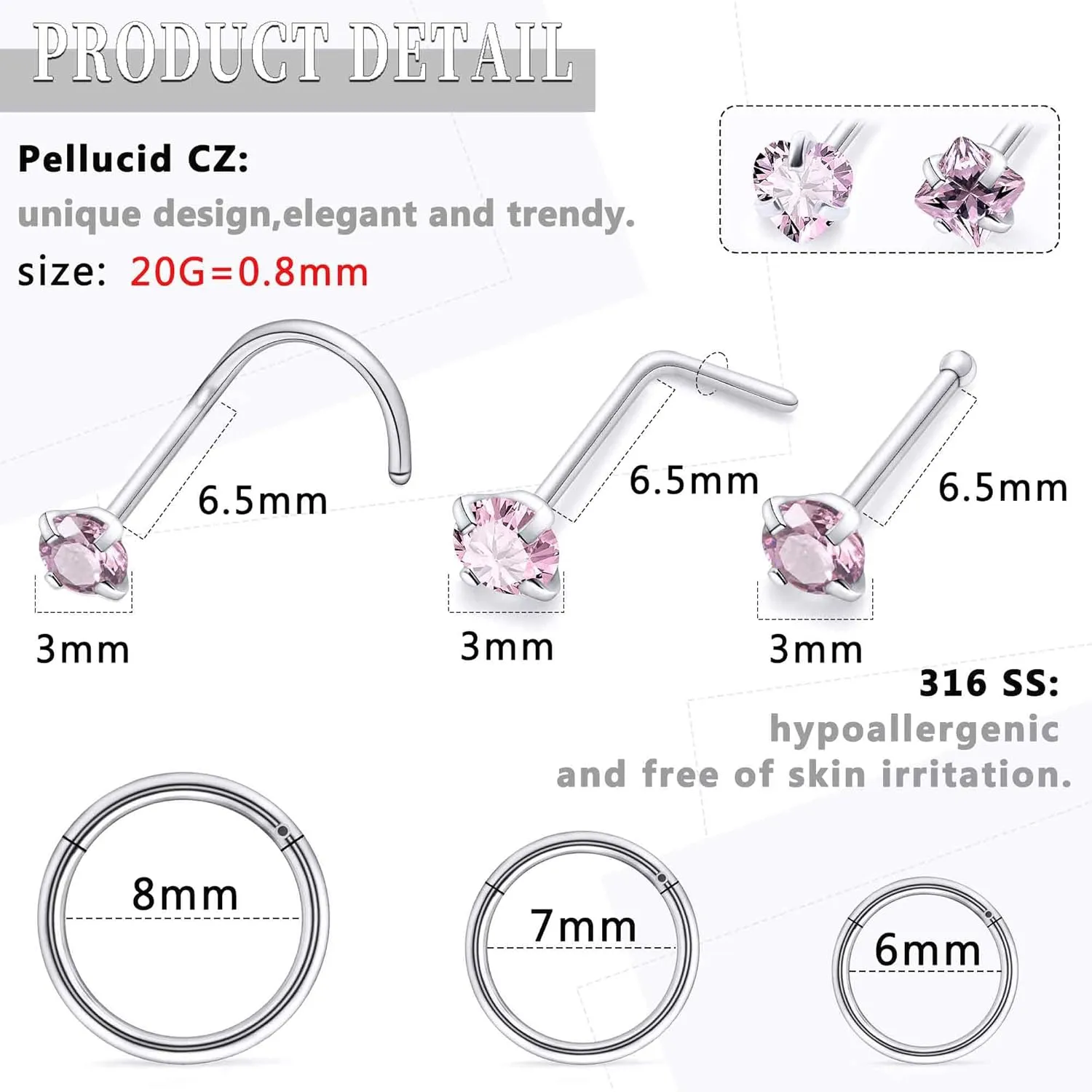 14K Gold Filled 20G Nose Rings Hoops Piercing Jewelry for Women 316L Stainless Surgical Steel Round Square Heart Diamond CZ Nose Rings Studs Nostril Piercing Jewelry for Women Men Silver Gold