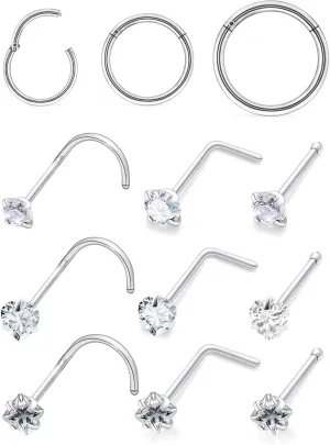 14K Gold Filled 20G Nose Rings Hoops Piercing Jewelry for Women 316L Stainless Surgical Steel Round Square Heart Diamond CZ Nose Rings Studs Nostril Piercing Jewelry for Women Men Silver Gold