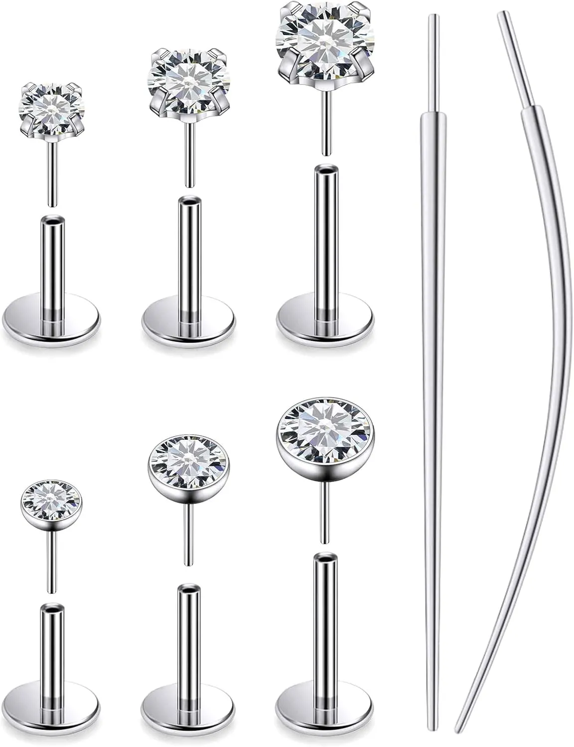 16G Threadless Push In Astm F136 Titanium Nose Ring Studs Flat Back Studs Earrings G23 Titanium Tragus Helix Conch Cartilage Earring Piercing Jewelry For Women Men Round Clear CZ 2mm 3mm 4mm