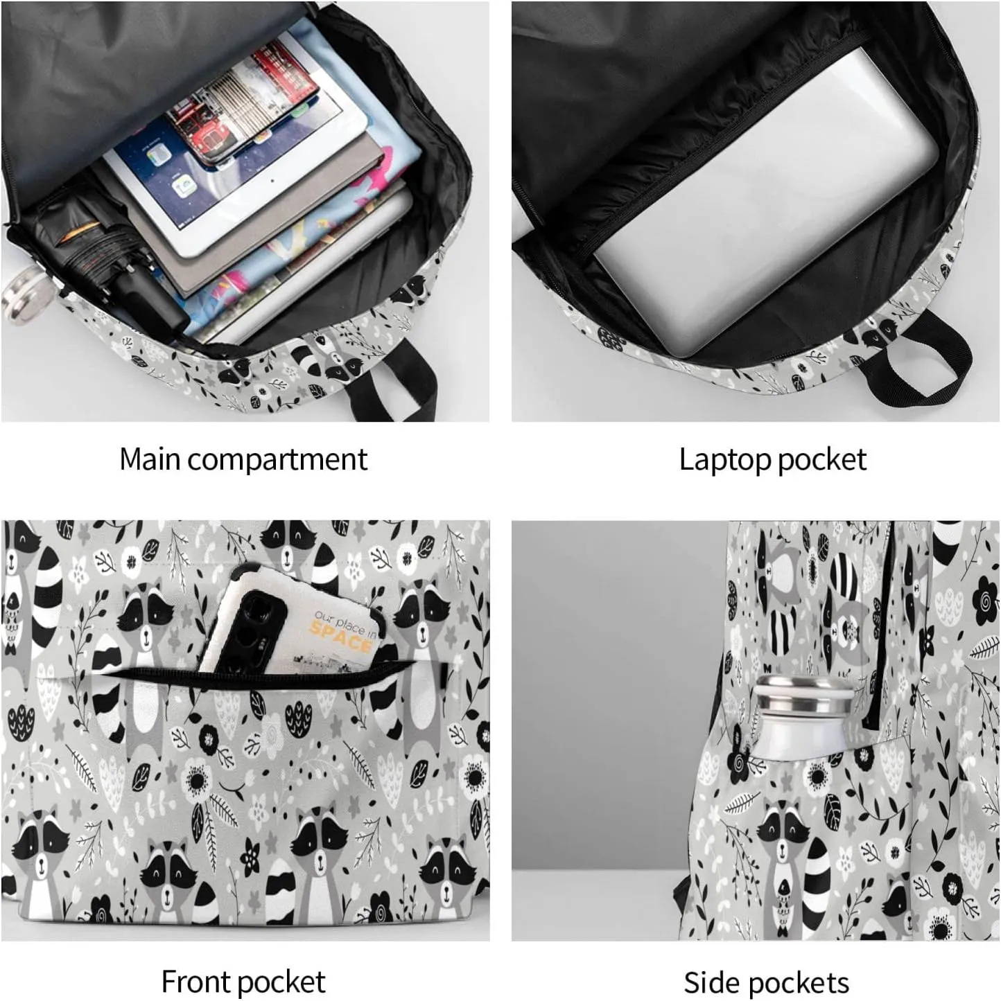 17 inch Backpack Cartoon Animals Raccoon Laptop Backpack School Bookbag Shoulder Bag Casual Daypack