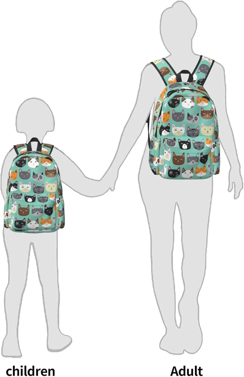 17 inch Backpack Cartoon Cat Heads Turquoise Laptop Backpack School Bookbag Shoulder Bag Casual Daypack