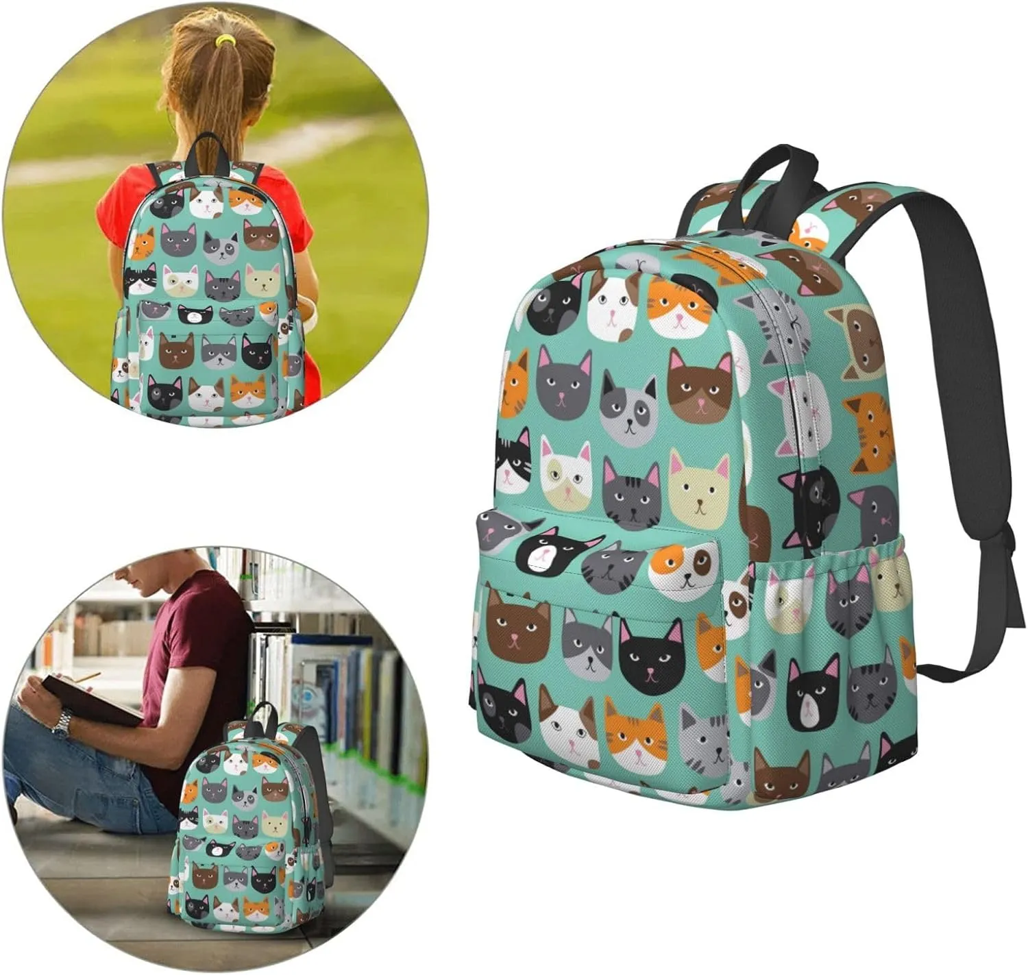 17 inch Backpack Cartoon Cat Heads Turquoise Laptop Backpack School Bookbag Shoulder Bag Casual Daypack