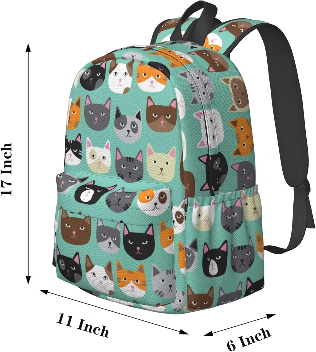17 inch Backpack Cartoon Cat Heads Turquoise Laptop Backpack School Bookbag Shoulder Bag Casual Daypack