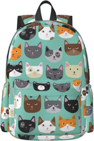 17 inch Backpack Cartoon Cat Heads Turquoise Laptop Backpack School Bookbag Shoulder Bag Casual Daypack