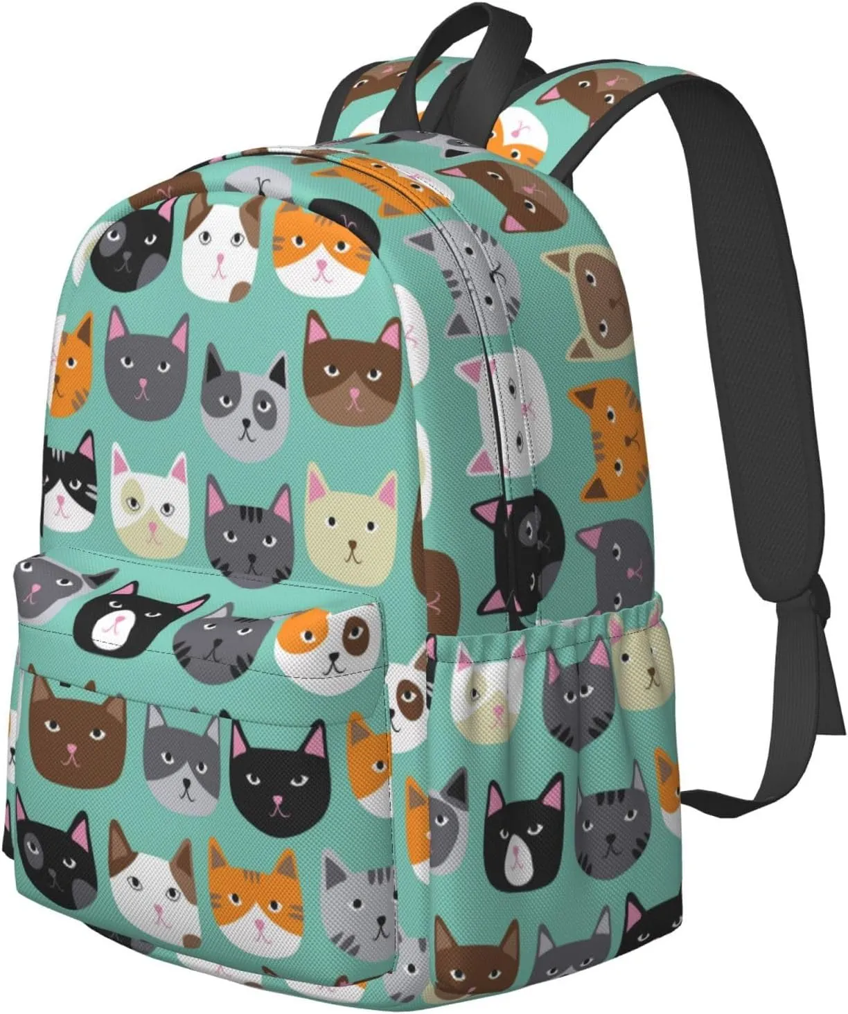 17 inch Backpack Cartoon Cat Heads Turquoise Laptop Backpack School Bookbag Shoulder Bag Casual Daypack