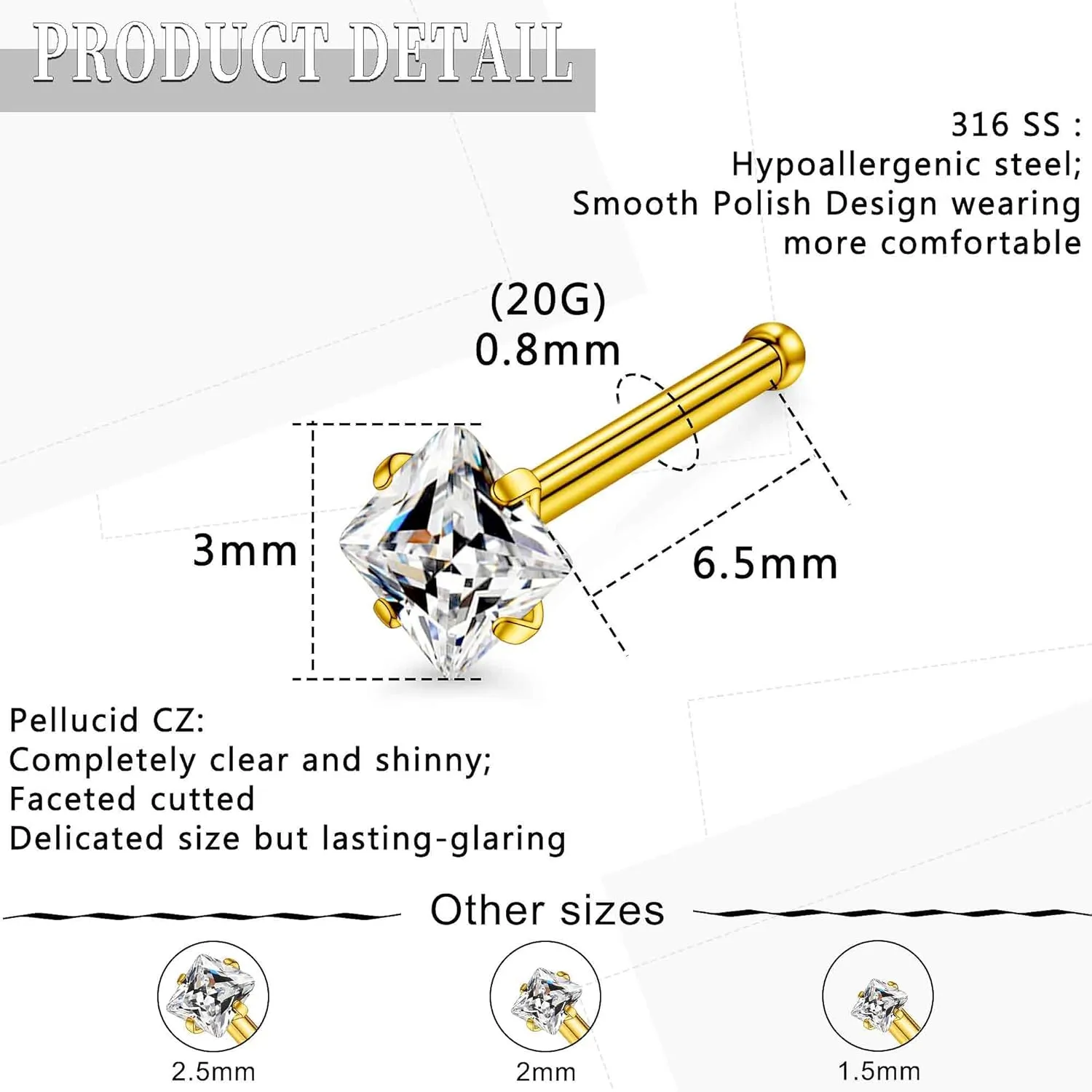 18G 20G 14K Gold Filled Nose Rings Studs Piercing Jewelry For Women Men 316L Surgical Steel Round Square Cubic Zirconia Nose Rings Studs Nostrial Piercing Jewelry CZ 1.5mm 2mm 2.5mm 3mm