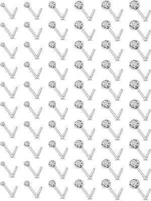 18G 20G 22G Nose Rings Studs Piercing Jewelry For Women Men 316L Surgical Steel Round Cubic Zirconia Nose Rings Studs Nostrial Piercing Jewelry CZ 1.5mm 2mm 2.5mm 3mm 3.5mm 4mm Silver 60Pcs