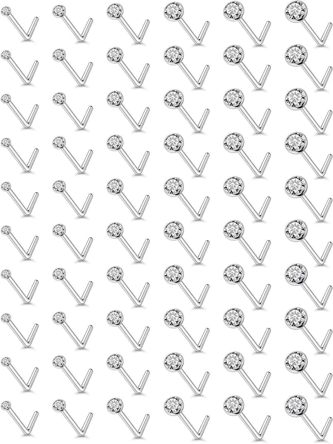 18G 20G 22G Nose Rings Studs Piercing Jewelry For Women Men 316L Surgical Steel Round Cubic Zirconia Nose Rings Studs Nostrial Piercing Jewelry CZ 1.5mm 2mm 2.5mm 3mm 3.5mm 4mm Silver 60Pcs