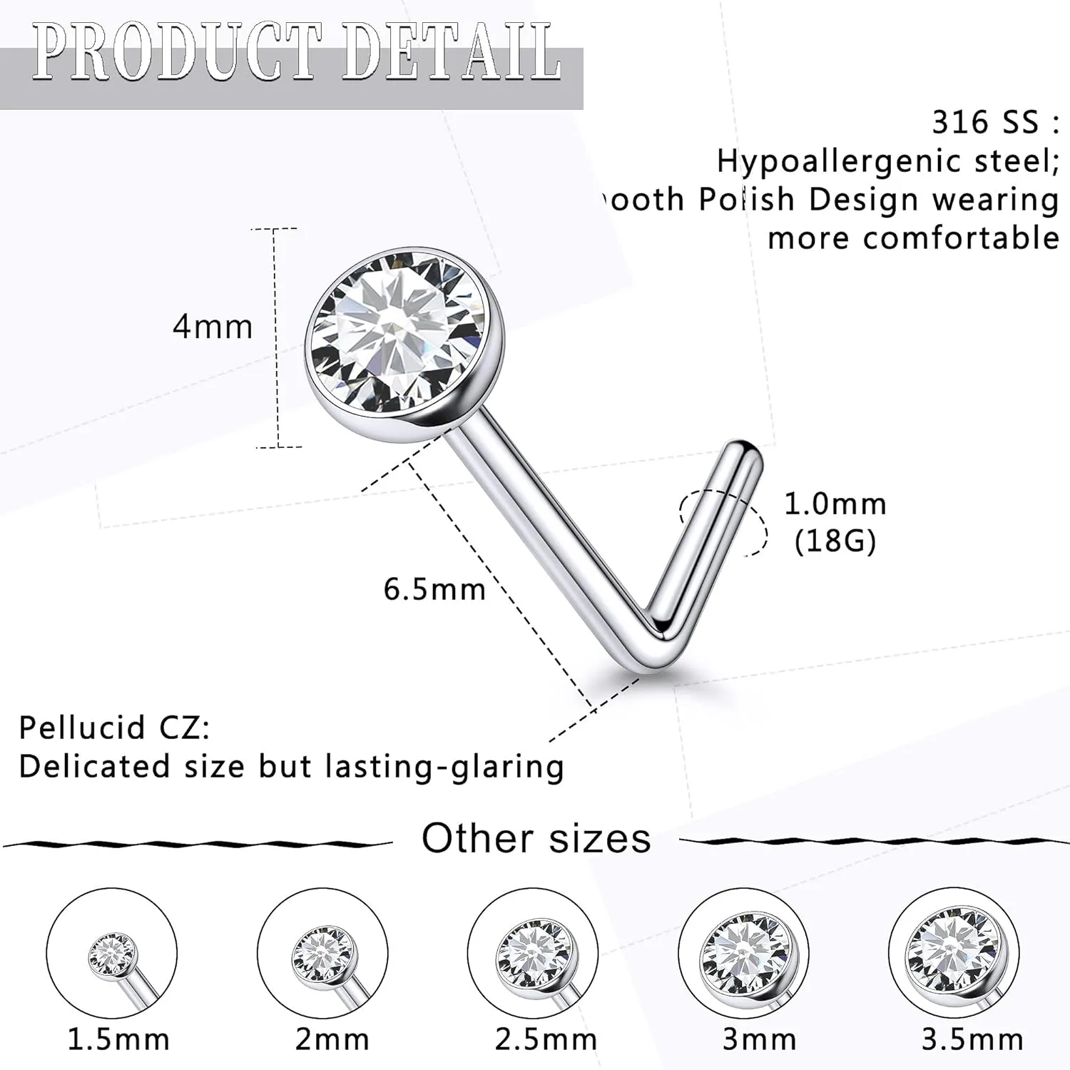 18G 20G 22G Nose Rings Studs Piercing Jewelry For Women Men 316L Surgical Steel Round Cubic Zirconia Nose Rings Studs Nostrial Piercing Jewelry CZ 1.5mm 2mm 2.5mm 3mm 3.5mm 4mm Silver 60Pcs