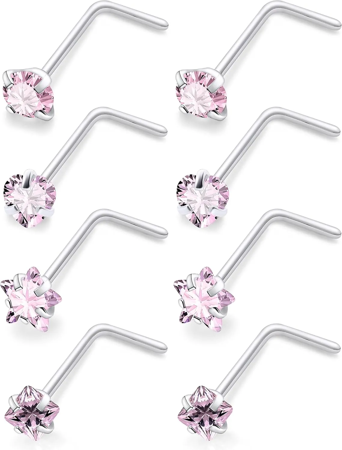 18G 20G Nose Rings Studs Piercing Jewelry For Women Men 316L Surgical Steel Round Square Heart Star Cubic Zirconia Nose Rings Studs Nostrial Piercing Jewelry For Women Men Clear Pink CZ 3mm