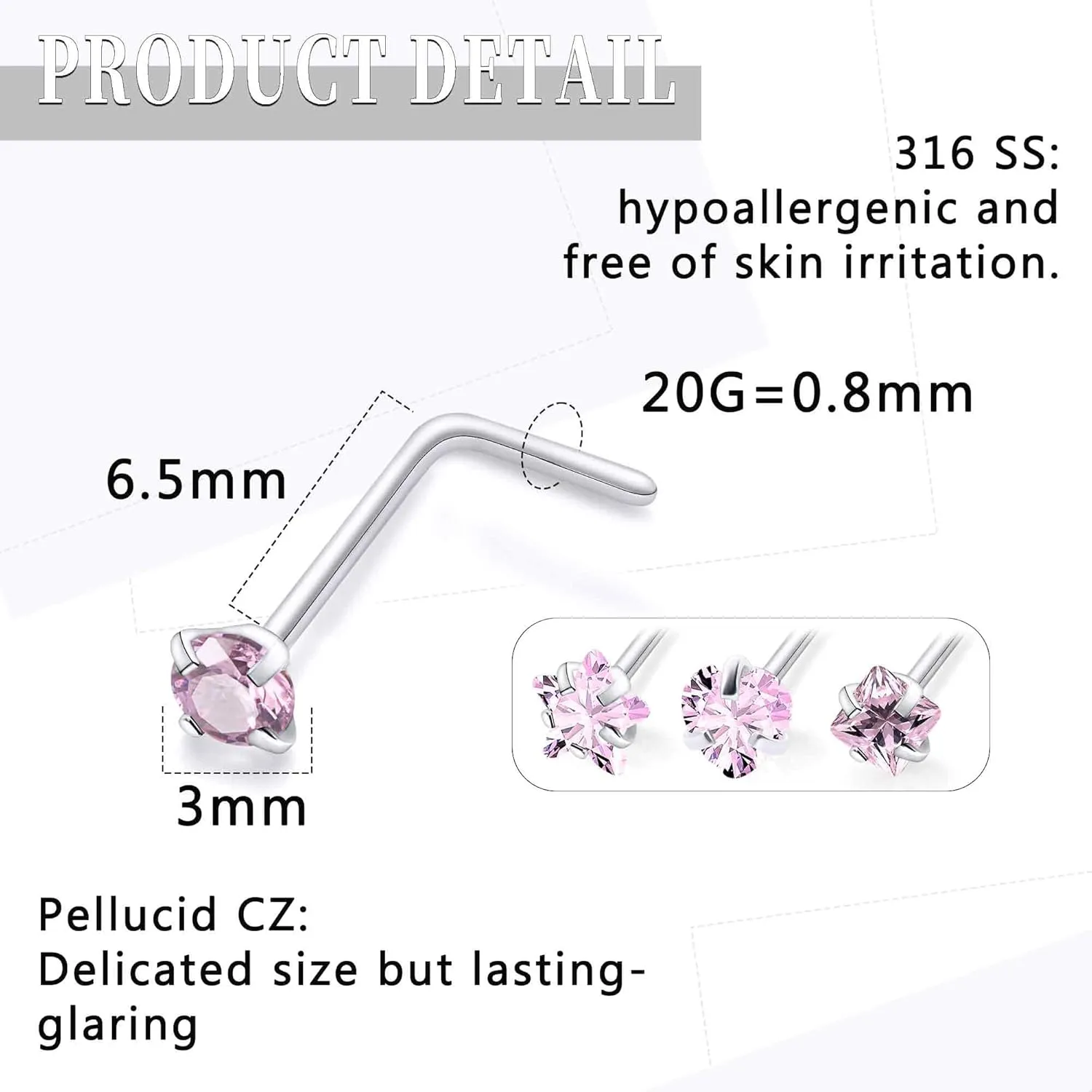18G 20G Nose Rings Studs Piercing Jewelry For Women Men 316L Surgical Steel Round Square Heart Star Cubic Zirconia Nose Rings Studs Nostrial Piercing Jewelry For Women Men Clear Pink CZ 3mm