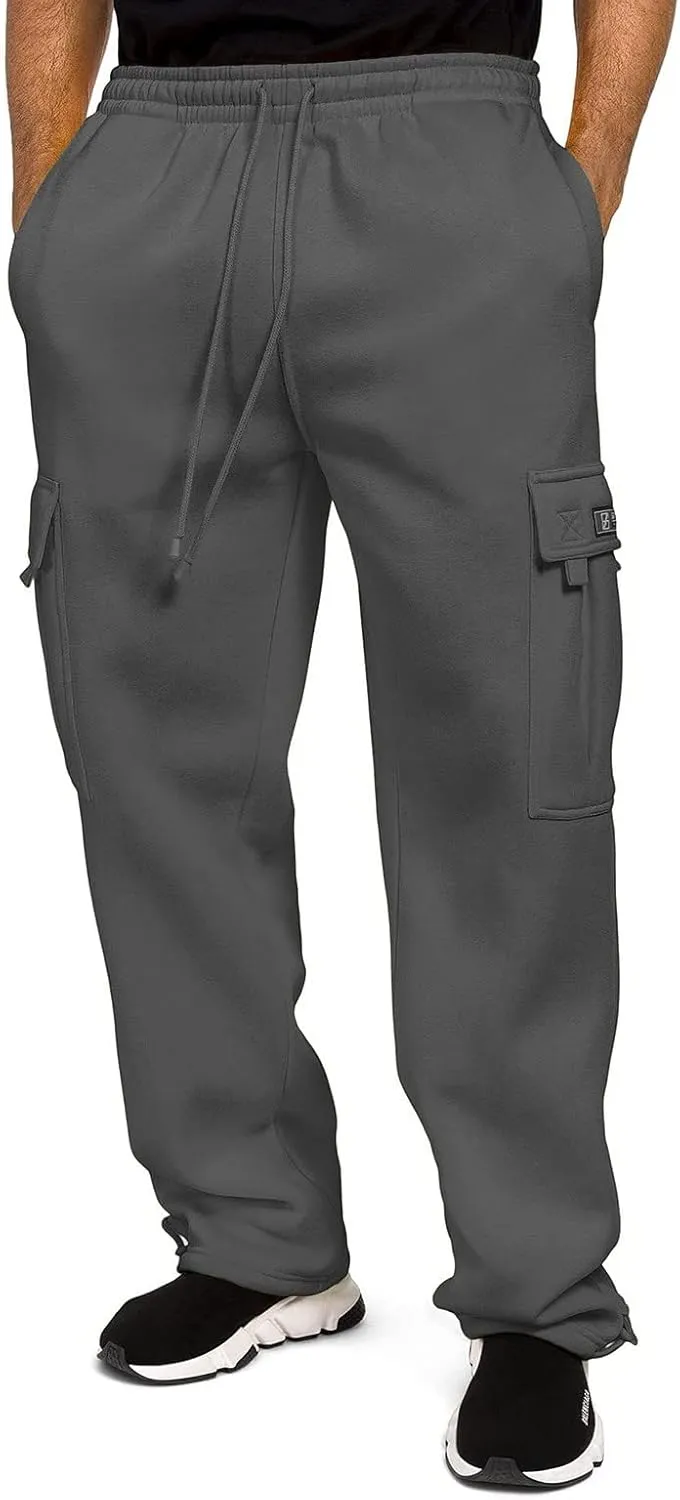 2024 Men's Heavyweight Fleece Cargo Sweatpants Stylish Stretch Elastic Waist Trousers Drawstring Loose Joggers Pants