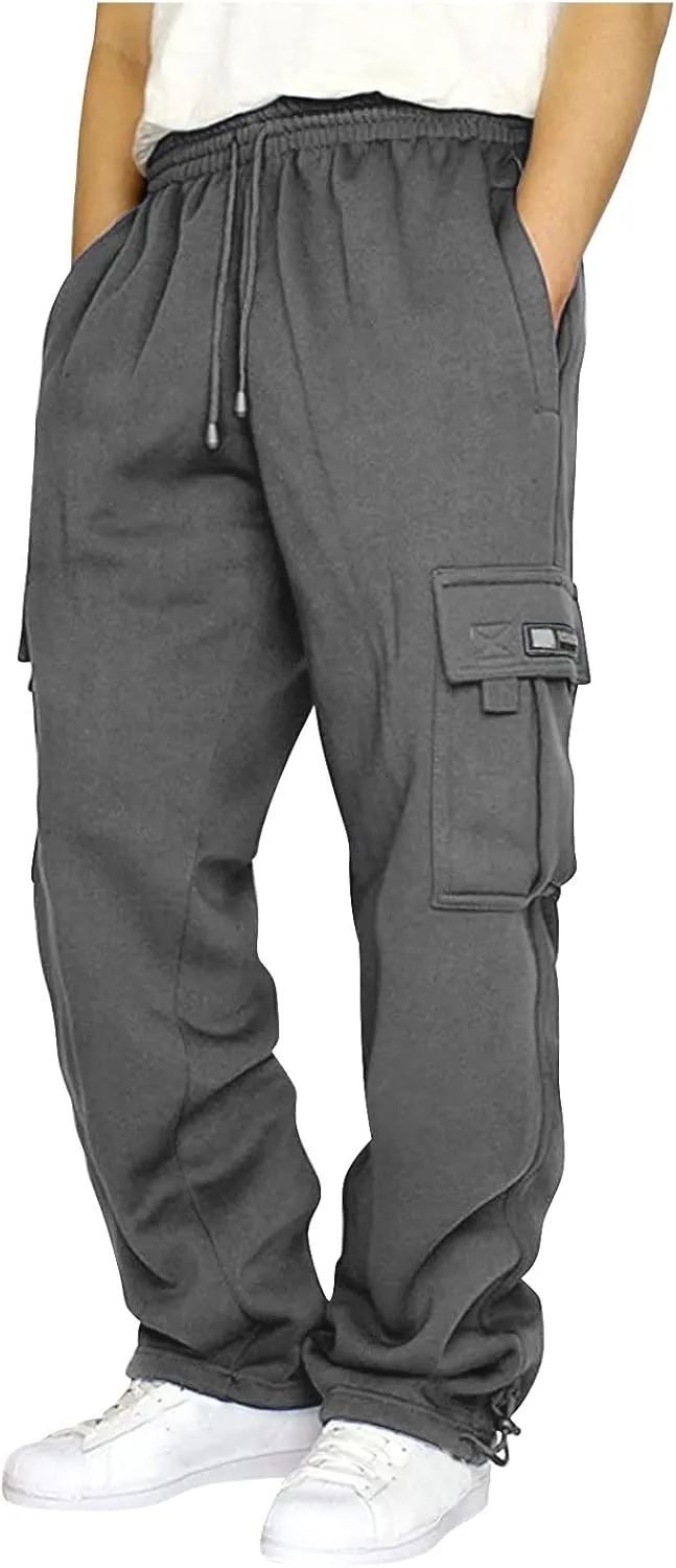 2024 Men's Heavyweight Fleece Cargo Sweatpants Stylish Stretch Elastic Waist Trousers Drawstring Loose Joggers Pants