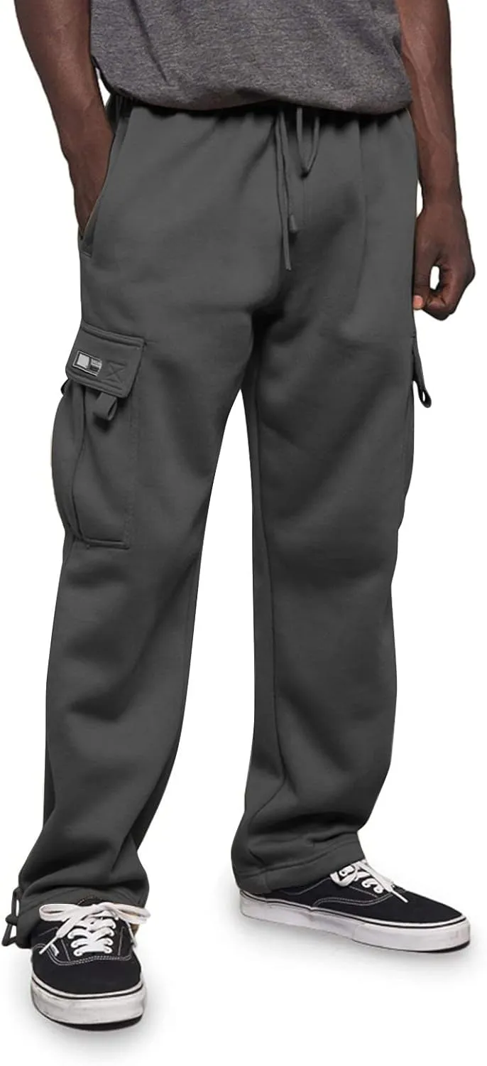 2024 Men's Heavyweight Fleece Cargo Sweatpants Stylish Stretch Elastic Waist Trousers Drawstring Loose Joggers Pants