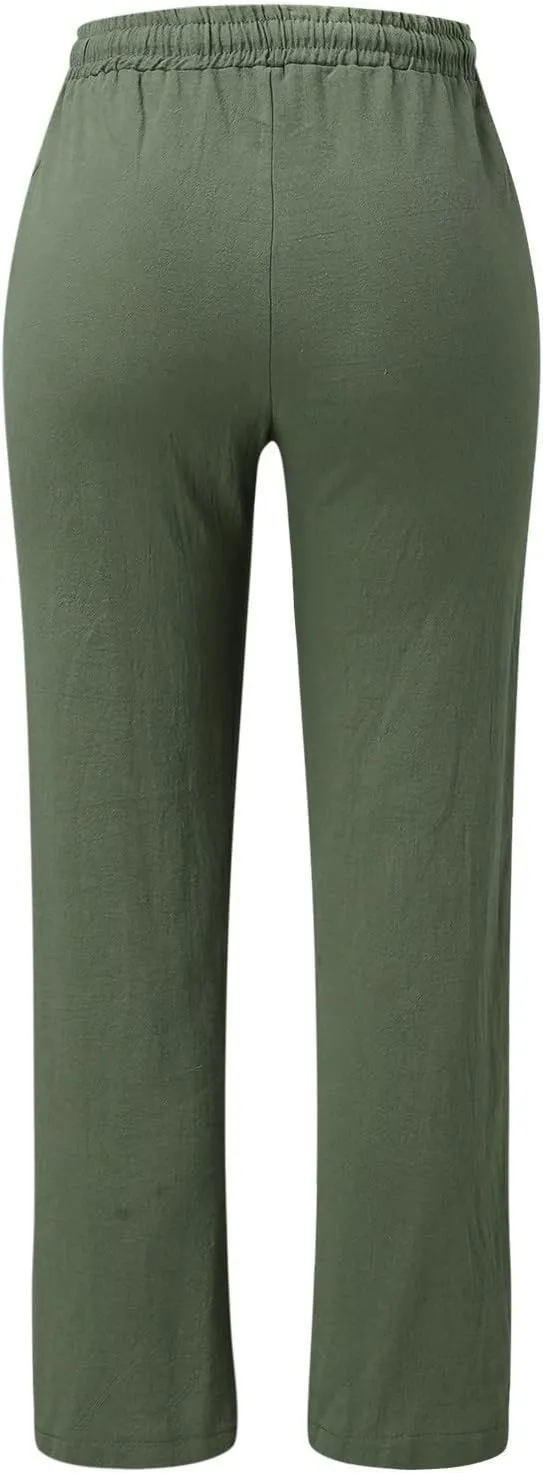 2024 Summer Fashion Trendy Women Pants High Waist Dressy Elastic Linen Drawstring Straight Trousers with Pockets