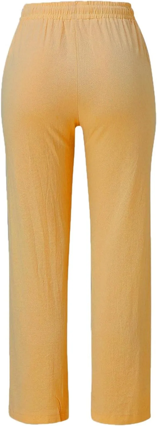 2024 Summer Fashion Trendy Women Pants High Waist Dressy Elastic Linen Drawstring Straight Trousers with Pockets