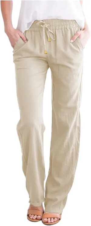 2024 Summer Fashion Trendy Women Pants High Waist Dressy Elastic Linen Drawstring Straight Trousers with Pockets