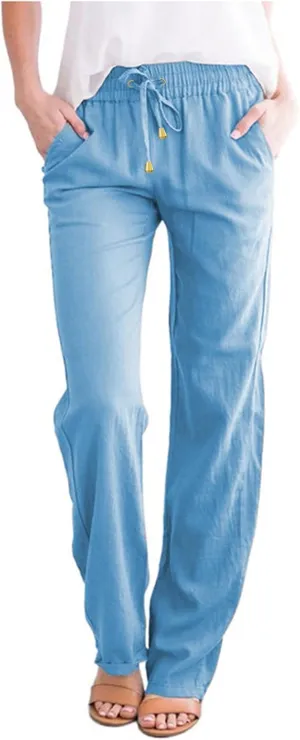 2024 Summer Fashion Trendy Women Pants High Waist Dressy Elastic Linen Drawstring Straight Trousers with Pockets