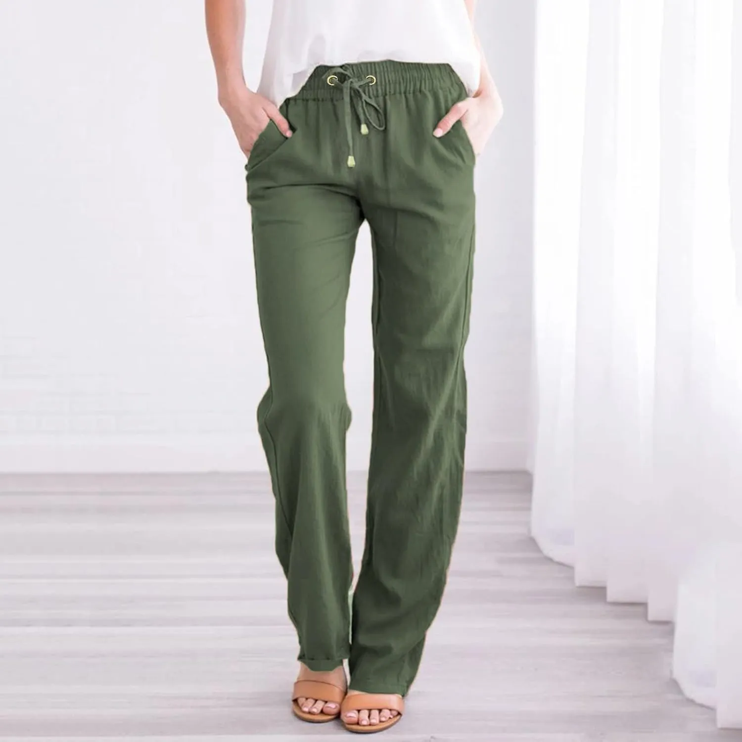 2024 Summer Fashion Trendy Women Pants High Waist Dressy Elastic Linen Drawstring Straight Trousers with Pockets