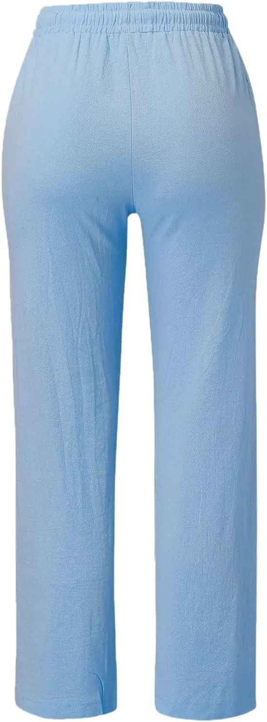 2024 Summer Fashion Trendy Women Pants High Waist Dressy Elastic Linen Drawstring Straight Trousers with Pockets