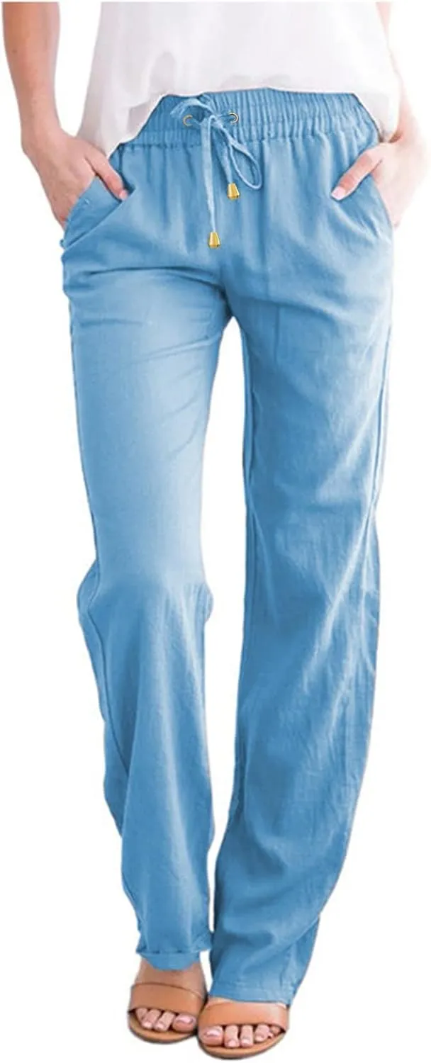 2024 Summer Fashion Trendy Women Pants High Waist Dressy Elastic Linen Drawstring Straight Trousers with Pockets