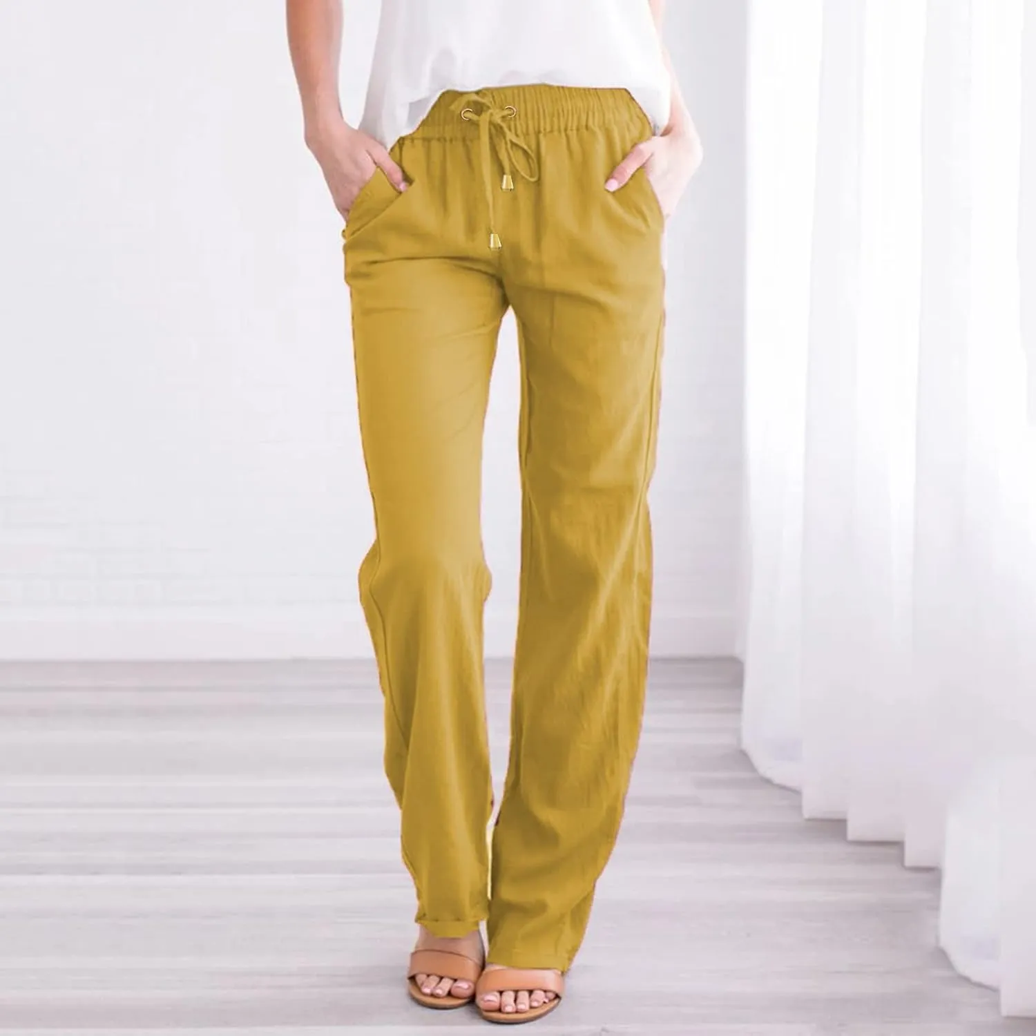 2024 Summer Fashion Trendy Women Pants High Waist Dressy Elastic Linen Drawstring Straight Trousers with Pockets