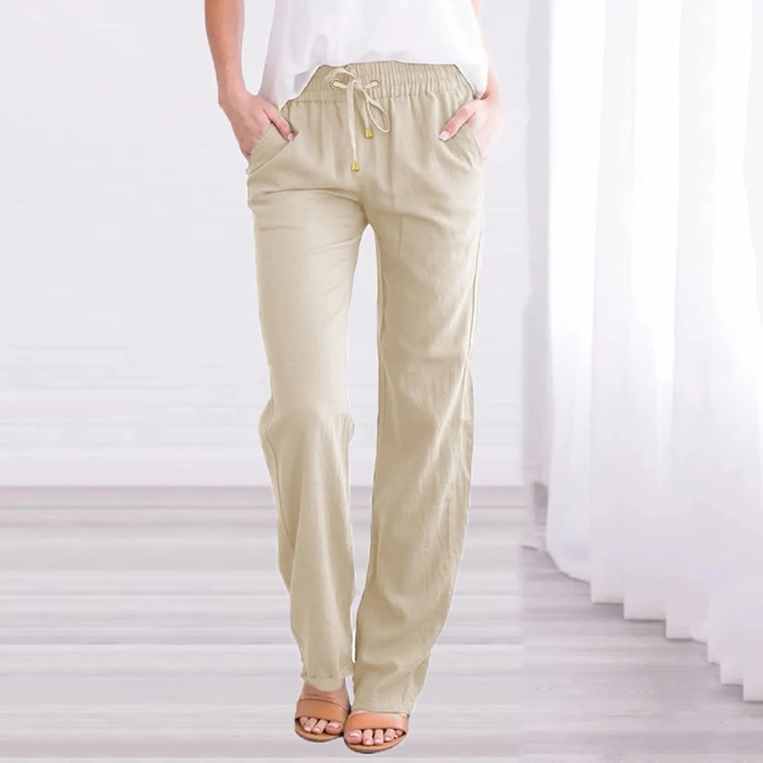 2024 Summer Fashion Trendy Women Pants High Waist Dressy Elastic Linen Drawstring Straight Trousers with Pockets