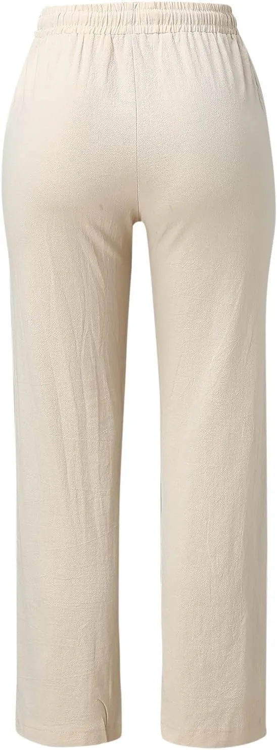 2024 Summer Fashion Trendy Women Pants High Waist Dressy Elastic Linen Drawstring Straight Trousers with Pockets
