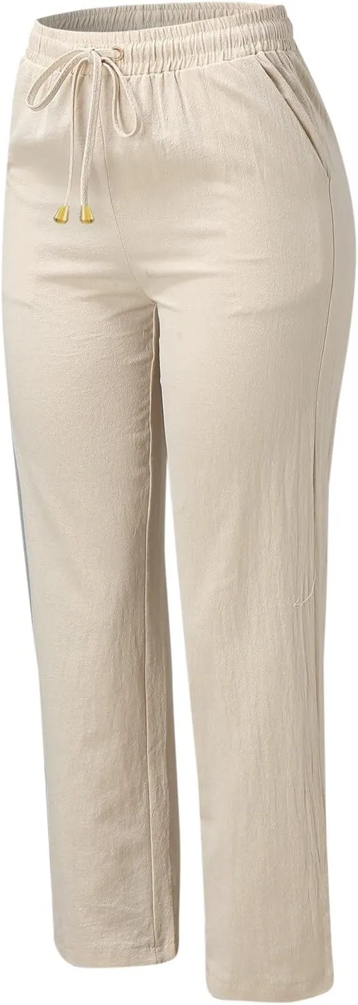 2024 Summer Fashion Trendy Women Pants High Waist Dressy Elastic Linen Drawstring Straight Trousers with Pockets