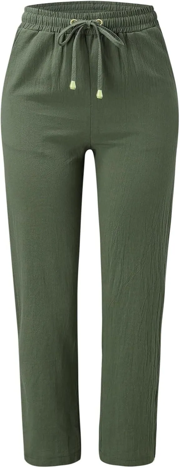 2024 Summer Fashion Trendy Women Pants High Waist Dressy Elastic Linen Drawstring Straight Trousers with Pockets