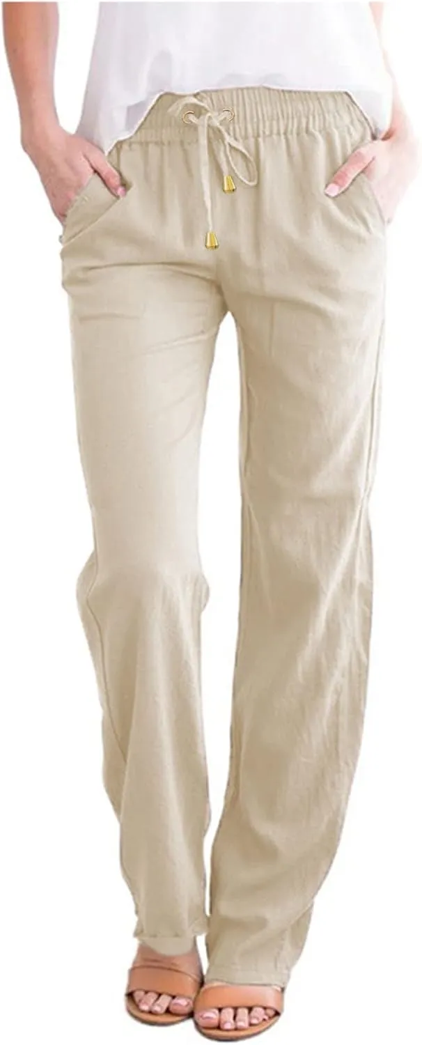 2024 Summer Fashion Trendy Women Pants High Waist Dressy Elastic Linen Drawstring Straight Trousers with Pockets