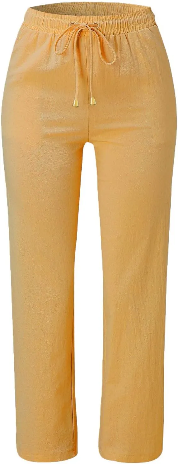 2024 Summer Fashion Trendy Women Pants High Waist Dressy Elastic Linen Drawstring Straight Trousers with Pockets