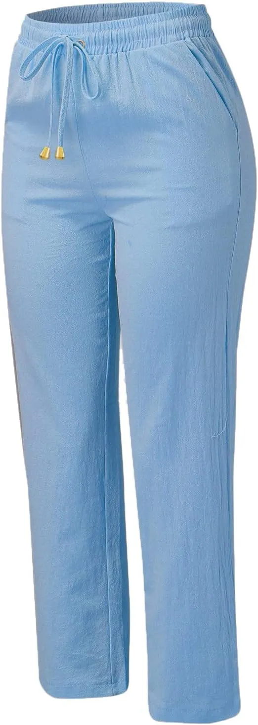 2024 Summer Fashion Trendy Women Pants High Waist Dressy Elastic Linen Drawstring Straight Trousers with Pockets