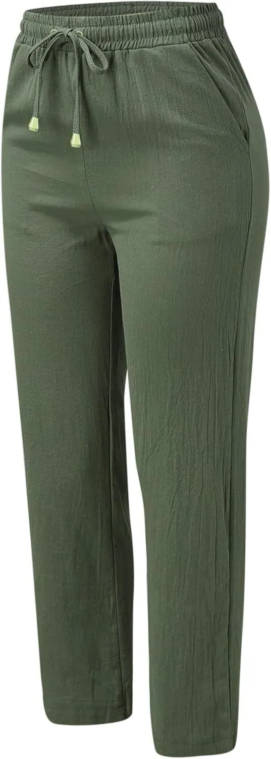 2024 Summer Fashion Trendy Women Pants High Waist Dressy Elastic Linen Drawstring Straight Trousers with Pockets
