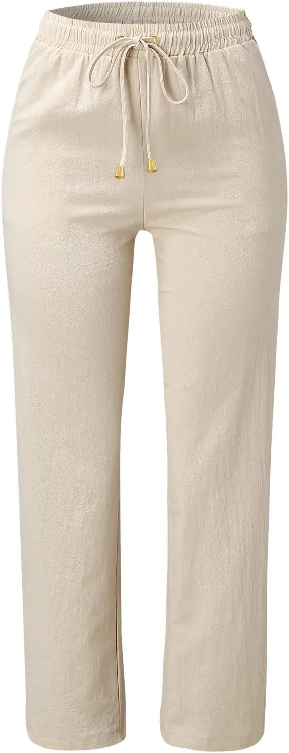 2024 Summer Fashion Trendy Women Pants High Waist Dressy Elastic Linen Drawstring Straight Trousers with Pockets