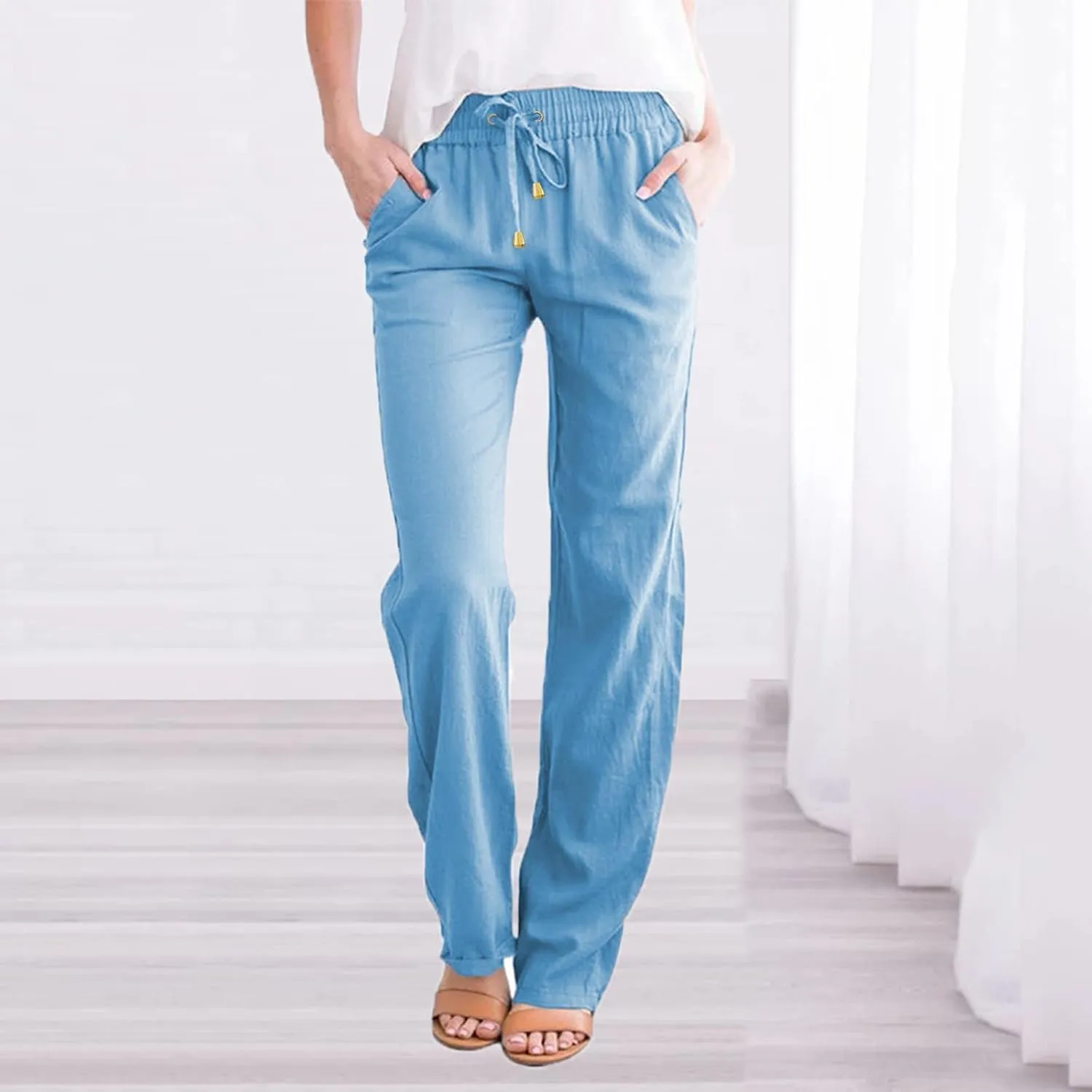 2024 Summer Fashion Trendy Women Pants High Waist Dressy Elastic Linen Drawstring Straight Trousers with Pockets