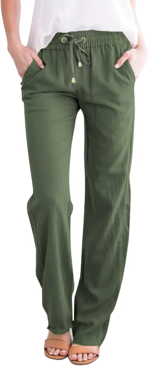 2024 Summer Fashion Trendy Women Pants High Waist Dressy Elastic Linen Drawstring Straight Trousers with Pockets
