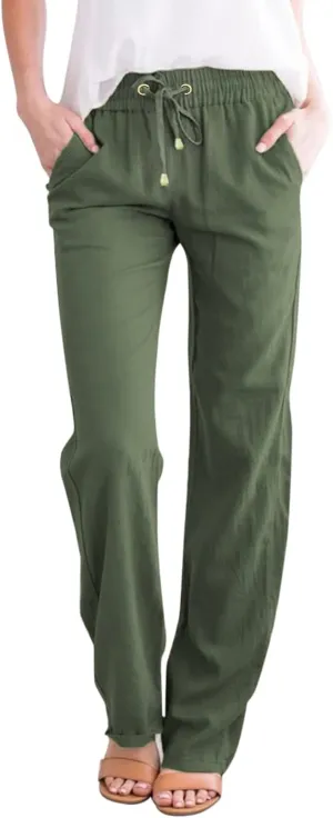 2024 Summer Fashion Trendy Women Pants High Waist Dressy Elastic Linen Drawstring Straight Trousers with Pockets