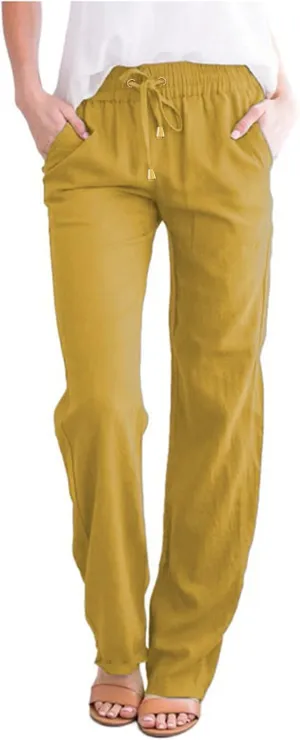 2024 Summer Fashion Trendy Women Pants High Waist Dressy Elastic Linen Drawstring Straight Trousers with Pockets