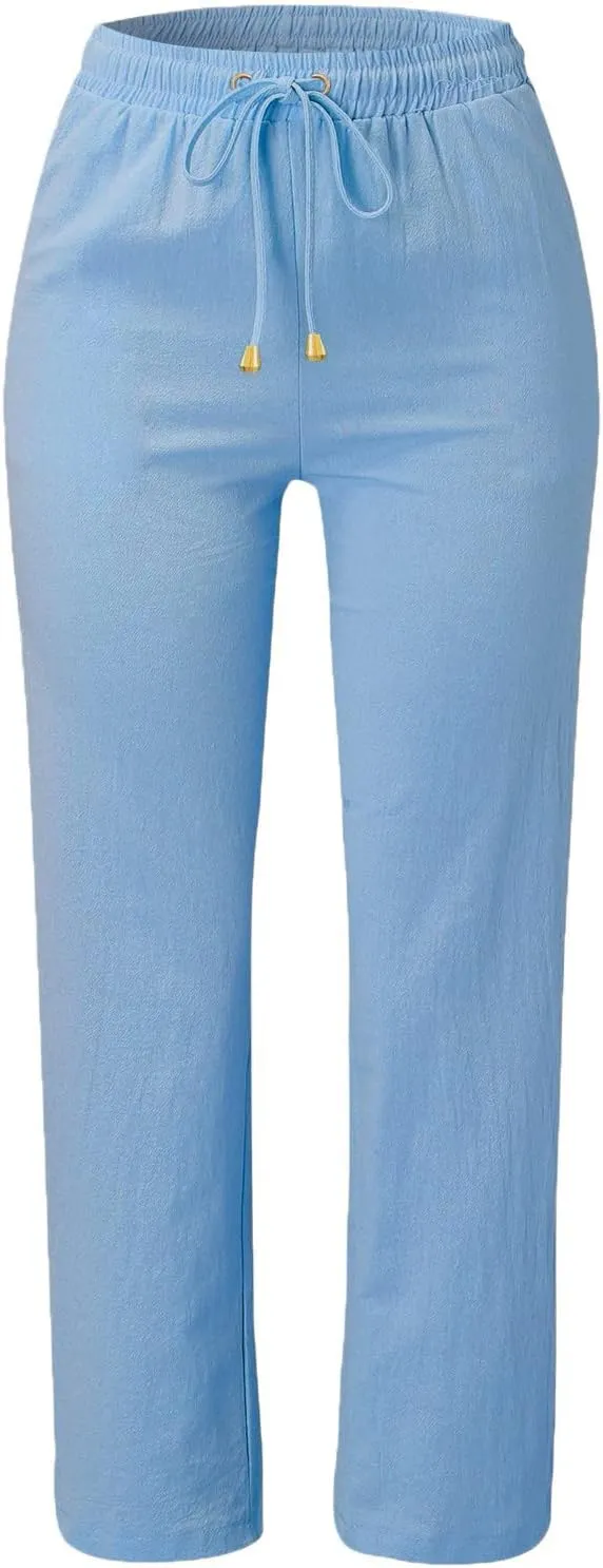 2024 Summer Fashion Trendy Women Pants High Waist Dressy Elastic Linen Drawstring Straight Trousers with Pockets