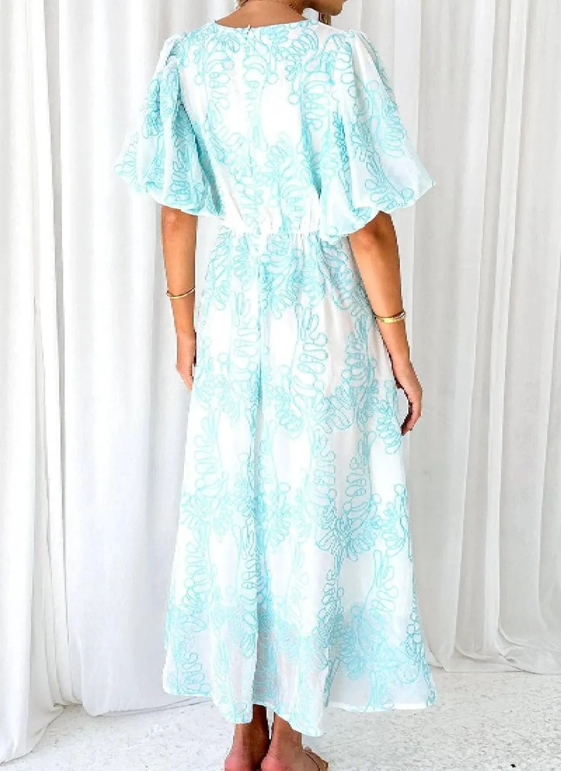 2025 Womens Swing A Line High Waist Ruffle Dress Semi Casual Print V Neck Puff Sleeve Maxi Dress