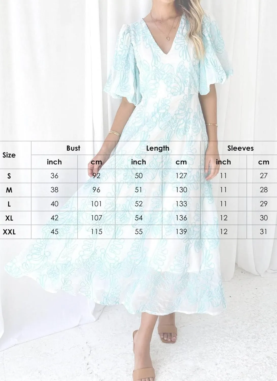 2025 Womens Swing A Line High Waist Ruffle Dress Semi Casual Print V Neck Puff Sleeve Maxi Dress