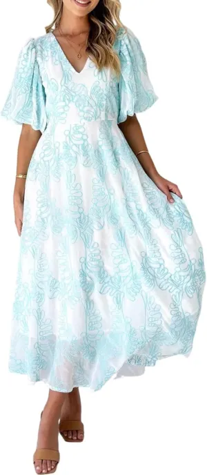 2025 Womens Swing A Line High Waist Ruffle Dress Semi Casual Print V Neck Puff Sleeve Maxi Dress